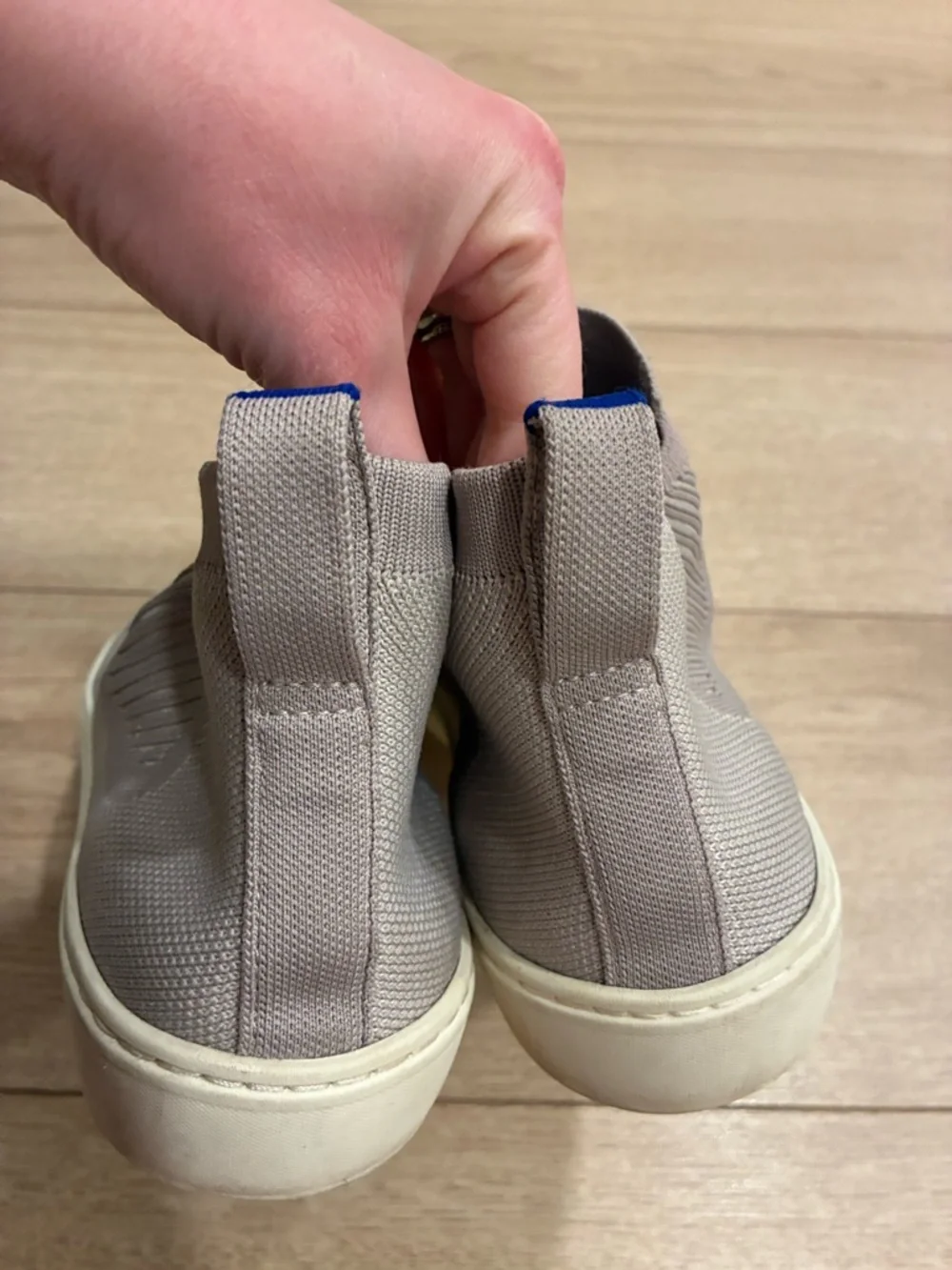 Rothy's Slip-On Sneakers in Light Taupe with Blue Pull Tab